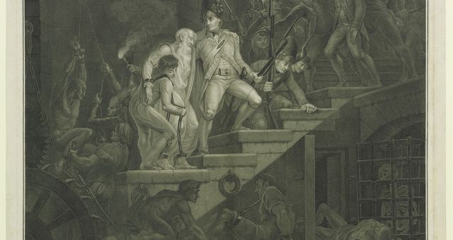 Scène dans l'intérieur de la Bastille : Pendant la Journée du 14 Juillet 1789, la libération des prisonniers. Estampe - Gallica, Domaine public, BNF