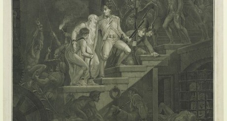 Scène dans l'intérieur de la Bastille : Pendant la Journée du 14 Juillet 1789, la libération des prisonniers. Estampe - Gallica, Domaine public, BNF